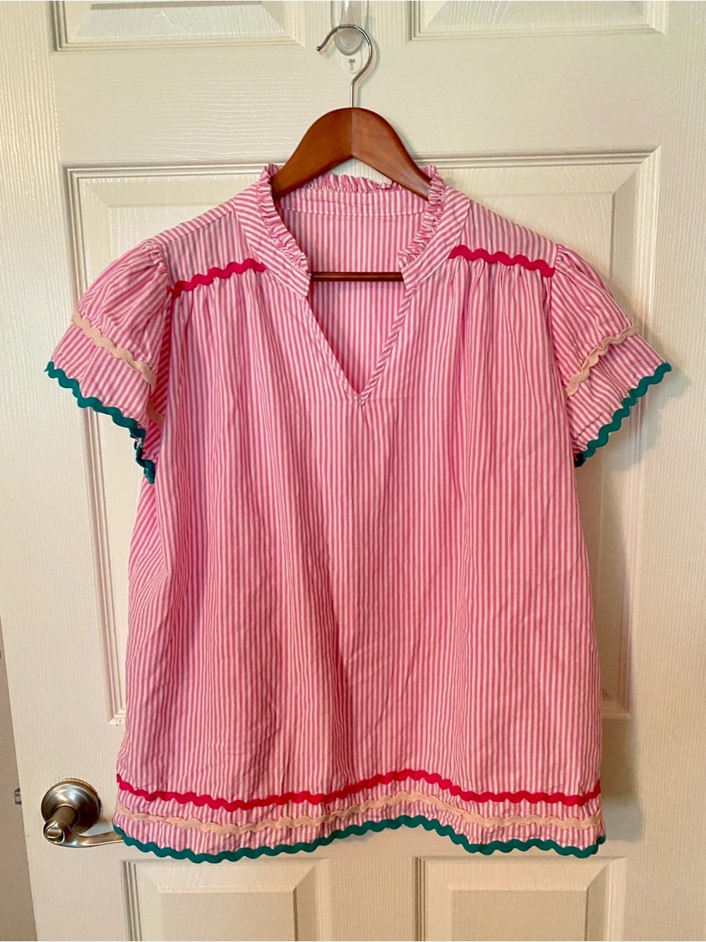 Pink Striped V-Neck Blouse with Ric-Rac Trim